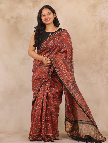 Maheswari Silk Cotton Ajrakh Handblock Printed Saree | Looms & Tassels