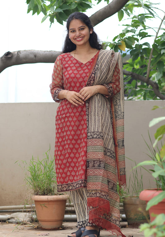 Maroon Handblock printed kota 3 piece suit (stitched)