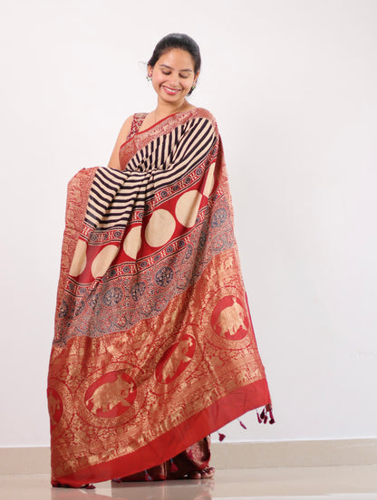 Ajrakh Dola Silk Saree