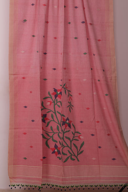 Pink Pure Handwoven Jamdhani Malai Cotton Saree