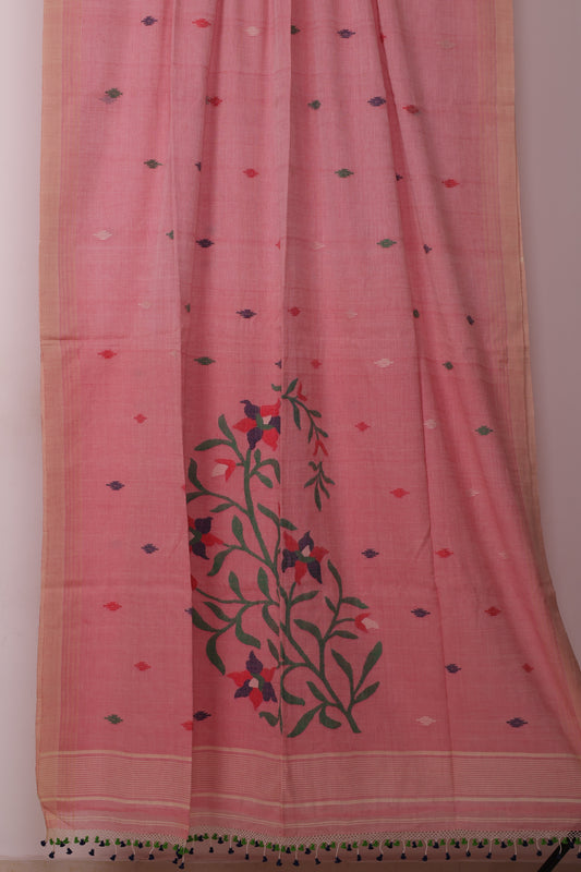 Pink Pure Handwoven Jamdhani Malai Cotton Saree