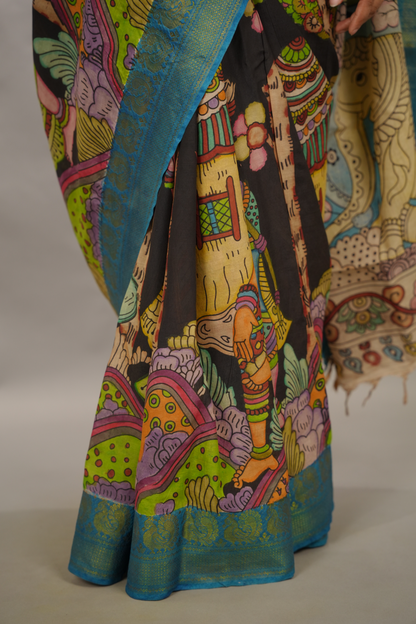 Black Hand Drawn Pen Kalamkari Bangalore Silk Kanchi Border Saree | Looms & Tassels