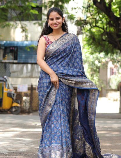 Indigo Ajrakh Dola Silk Saree