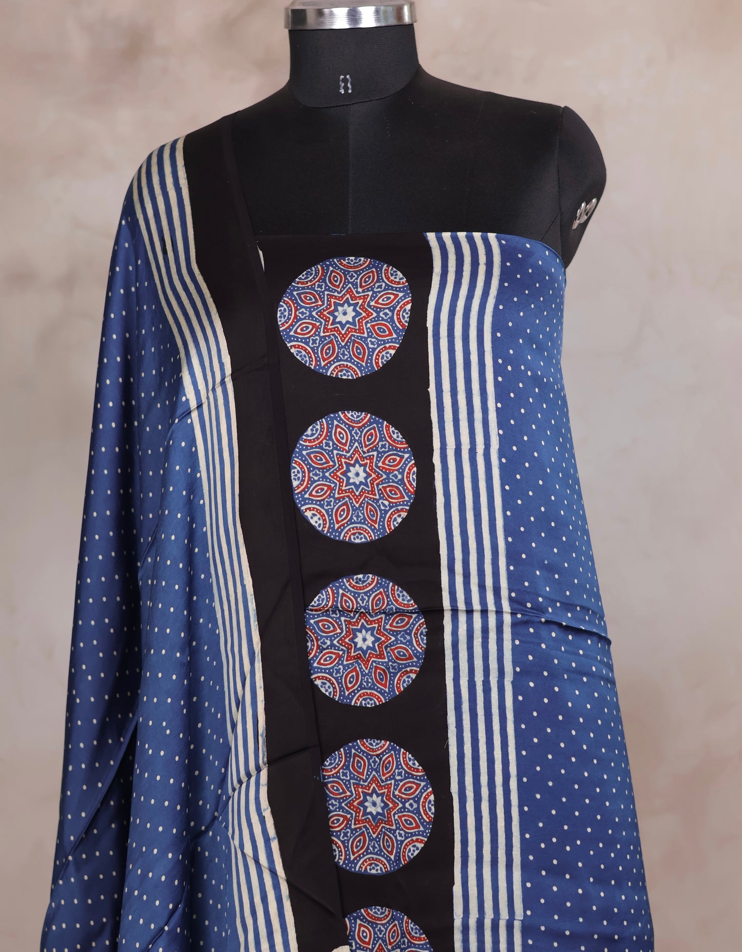 Indigo Ajrakh Handblock Printed Modal Silk 2 Piece Suit Set | Looms & Tassels