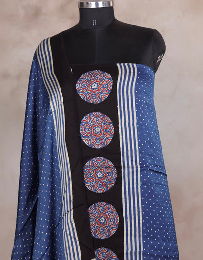 Indigo Ajrakh Handblock Printed Modal Silk 2 Piece Suit Set | Looms & Tassels