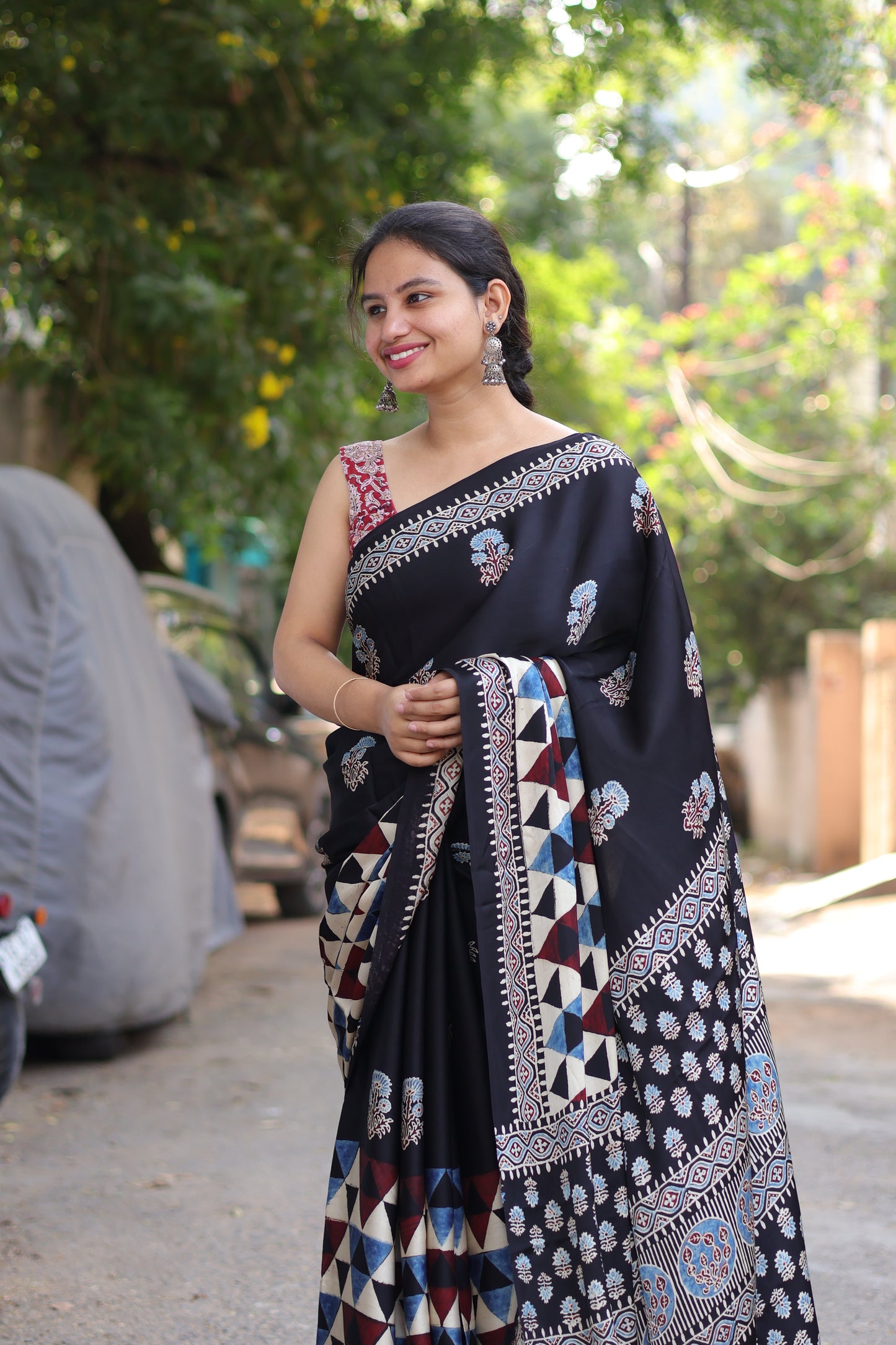 Black Geometrical & Floral Ajrakh Handblock Printed Modal Silk Saree | Looms & Tassels
