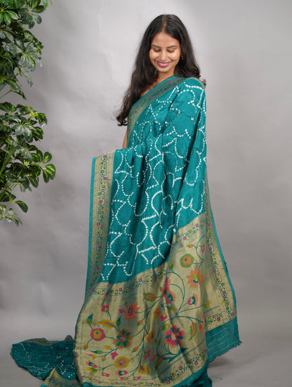 Blue Handcrafted  Pattern Bandhani Paithani Dola Silk Saree | Looms & Tassels