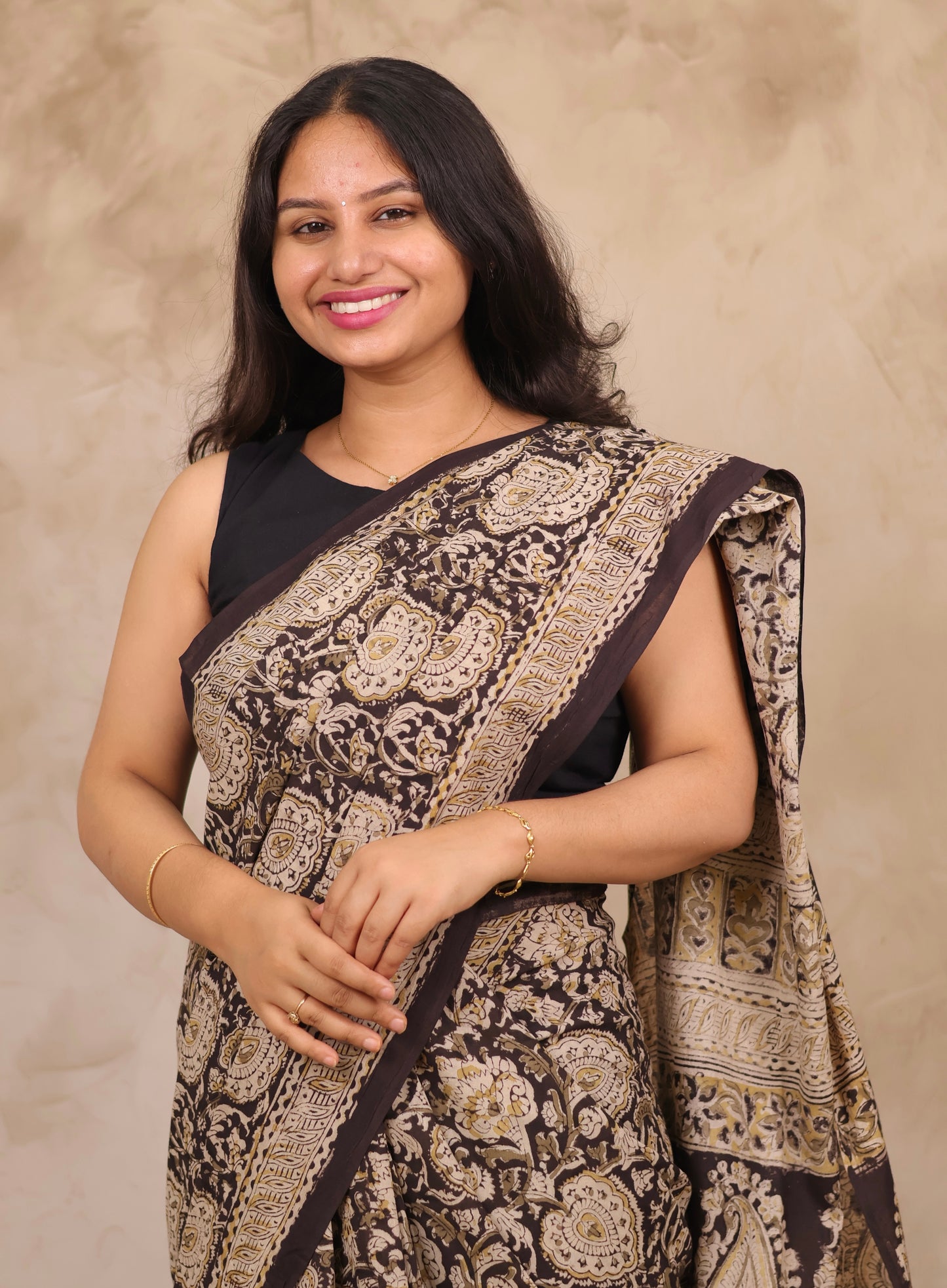 Black Hand Block Printed Kalamkari Cotton Saree | Looms & Tassels