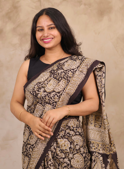 Black Hand Block Printed Kalamkari Cotton Saree | Looms & Tassels