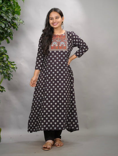 Black Ajrakh Pattern Hand Block printed Aline Kurti | Looms & Tassels