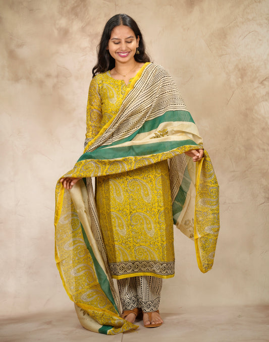 Yellow Handblock printed Pure Chenderi Silk 3 piece suit (stitched) |  Looms & Tassels