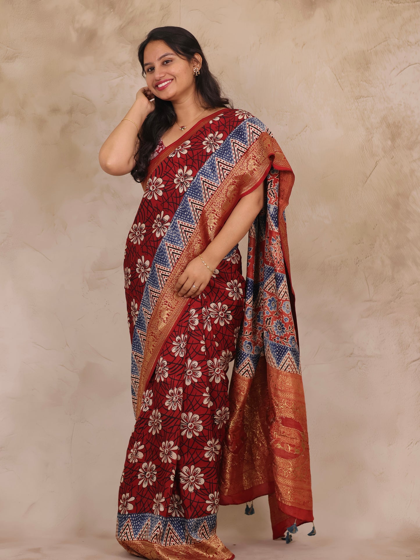 Floral Ajrakh Handblock printed Dola Silk Saree | Looms & Tassels