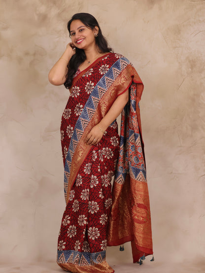 Floral Ajrakh Handblock printed Dola Silk Saree | Looms & Tassels