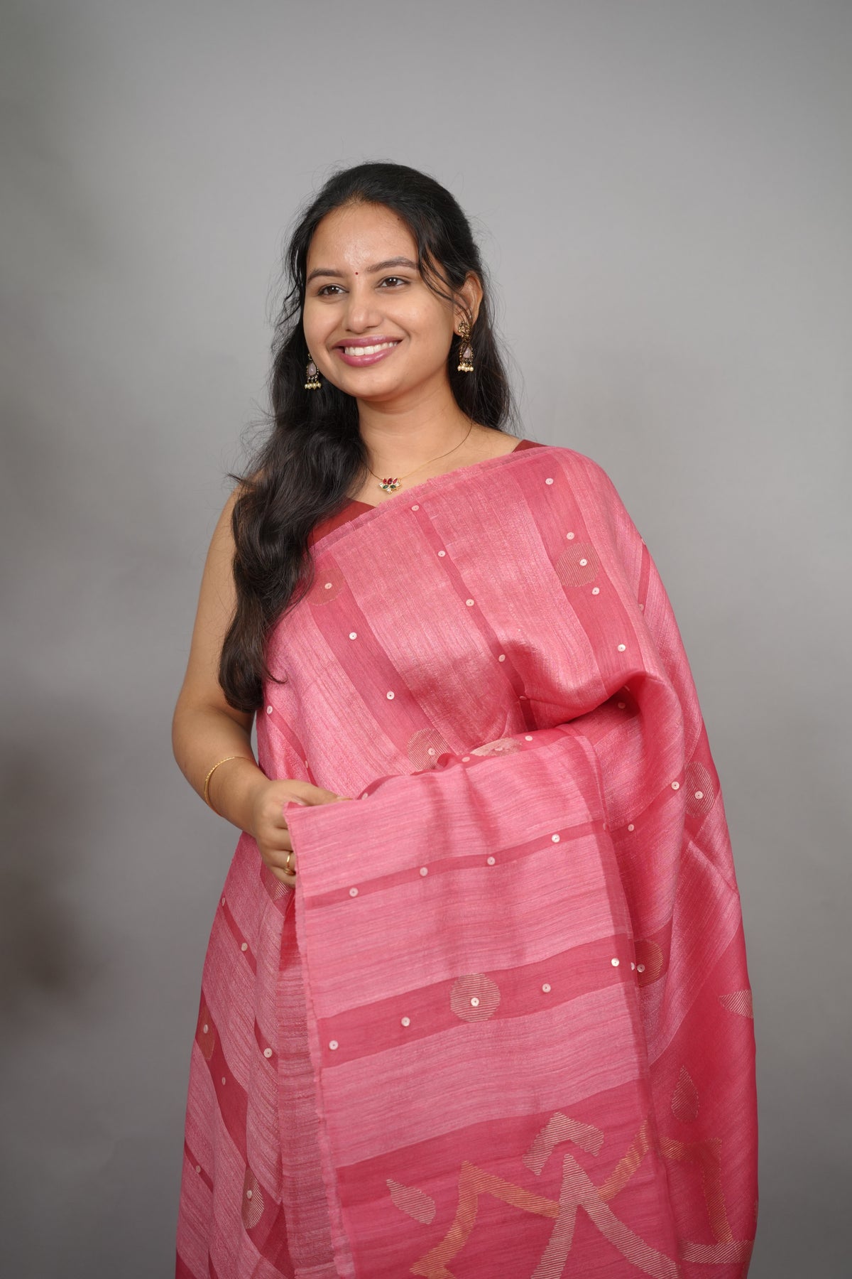 Baby Pink Handloom Jamdhani Pure Matka Silk Saree with Muslin Silk Pallu