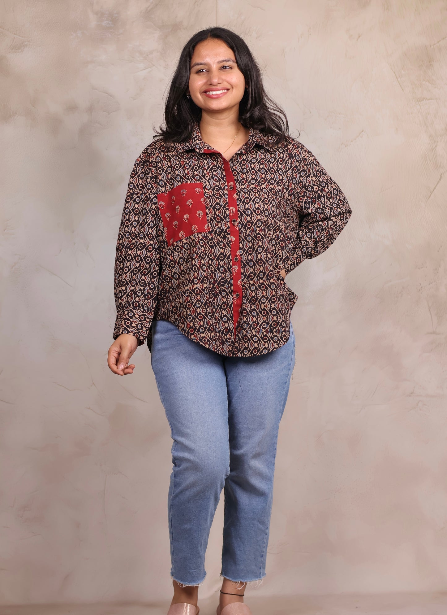 Black Ajrakh Handblock Printed Patch Work Shirt (Pure Cotton ) | Looms & Tassels