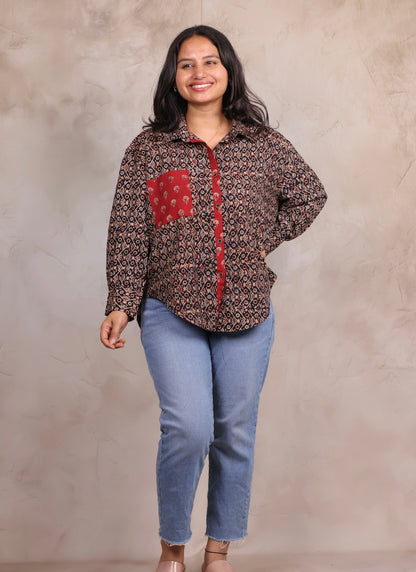 Black Ajrakh Handblock Printed Patch Work Shirt (Pure Cotton ) | Looms & Tassels