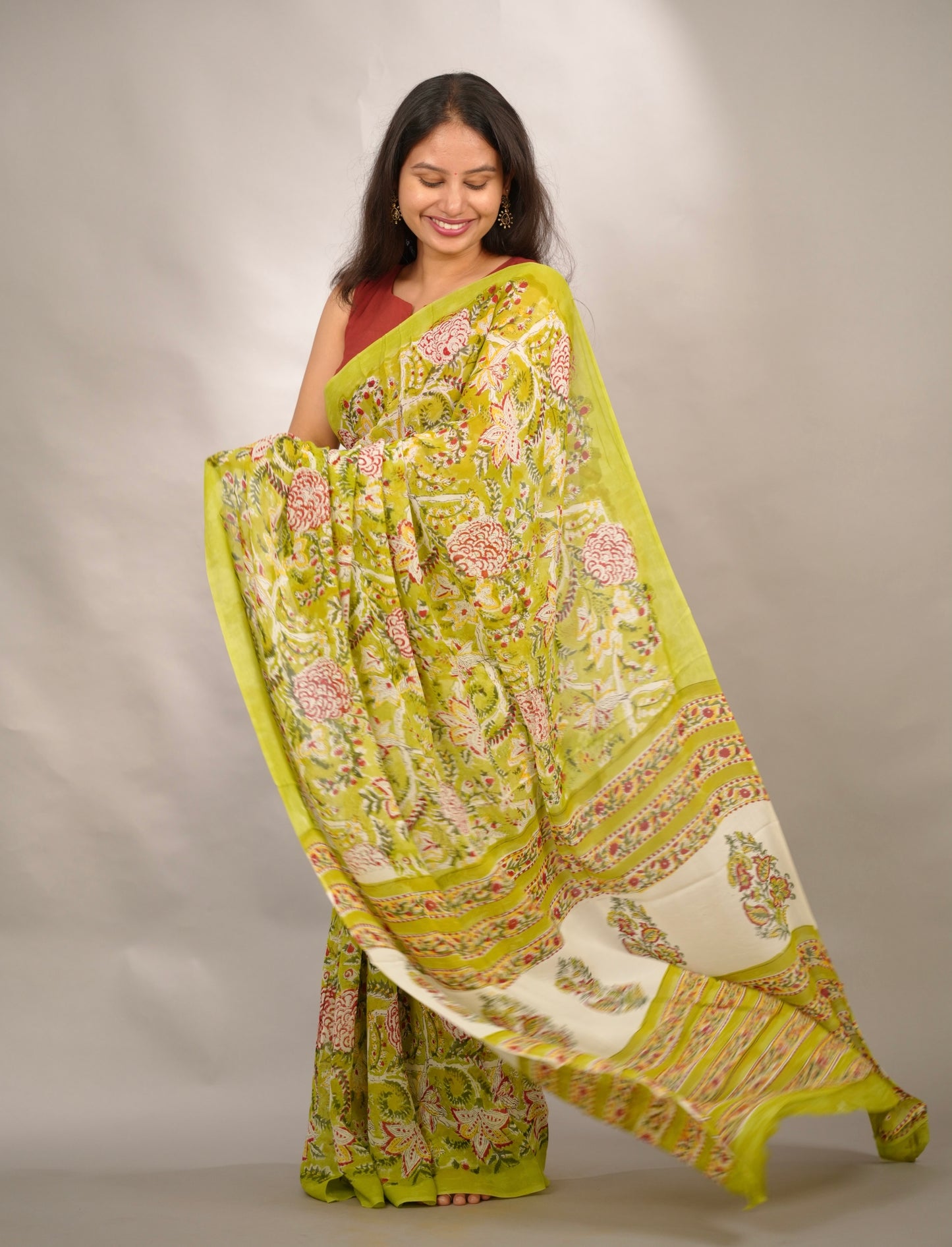 Parrot Green Georgette Hand Block Printed Saree| Looms & Tassels