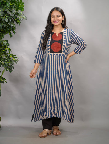 Blue Ajrakh Pattern Hand Block printed Aline Kurti | Looms & Tassels