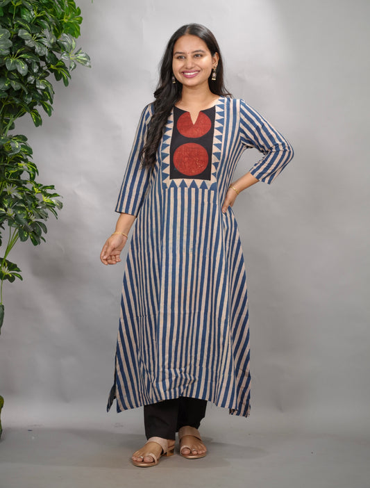 Blue Ajrakh Pattern Hand Block printed Aline Kurti | Looms & Tassels