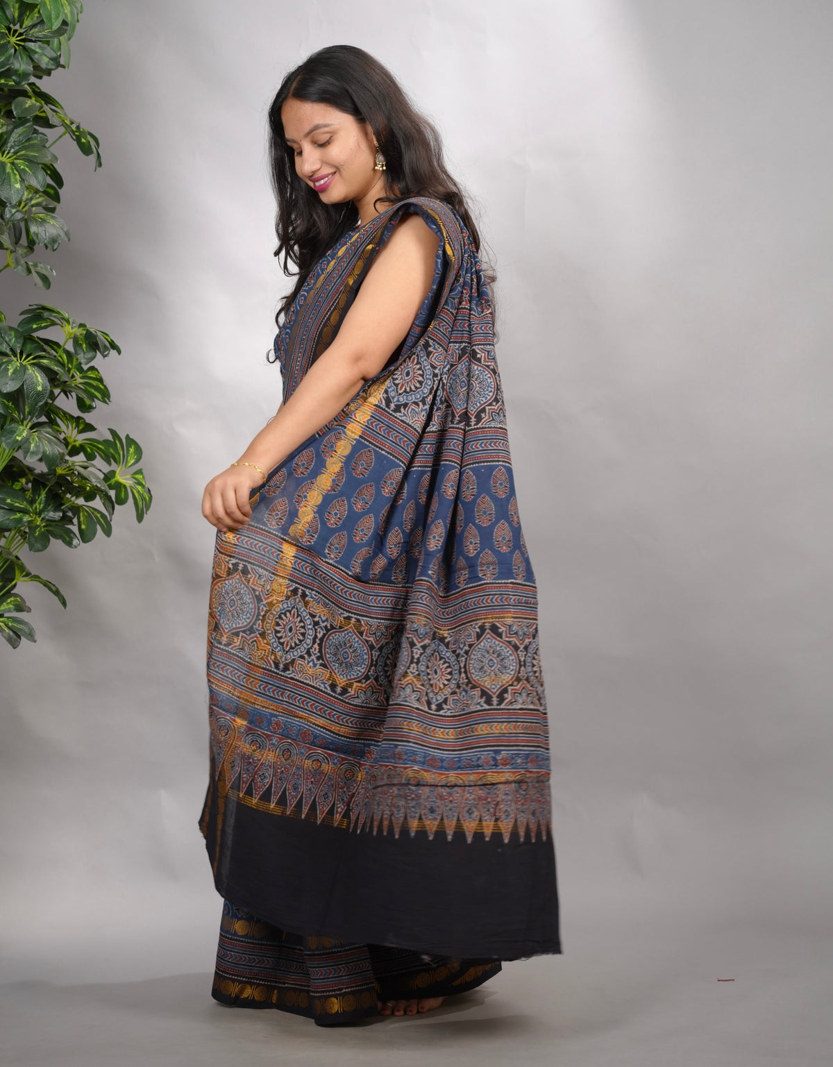 Indigo Ajrakh Hand Block Printed Sungudi Cotton Saree | Looms & Tassels