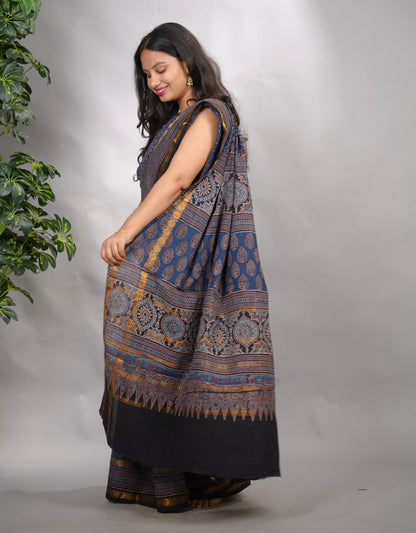Indigo Ajrakh Hand Block Printed Sungudi Cotton Saree | Looms & Tassels