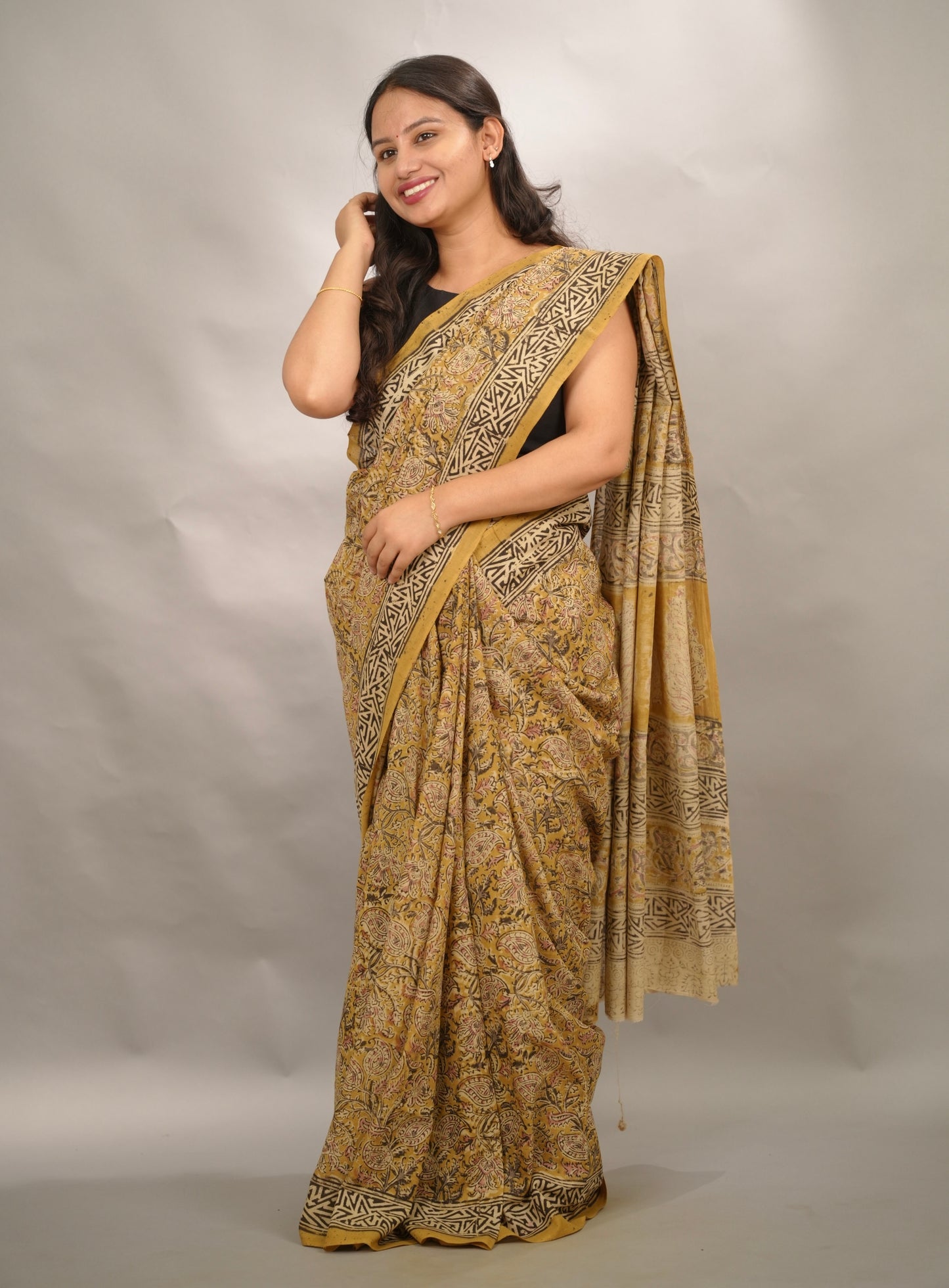 Mustard Hand Block Printed Kalamkari Cotton Saree | Looms & Tassels