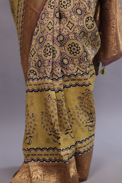 Olive Green Geometrical Authentic Ajrakh Hand Block printed  Dola Silk Saree | Looms & tassels