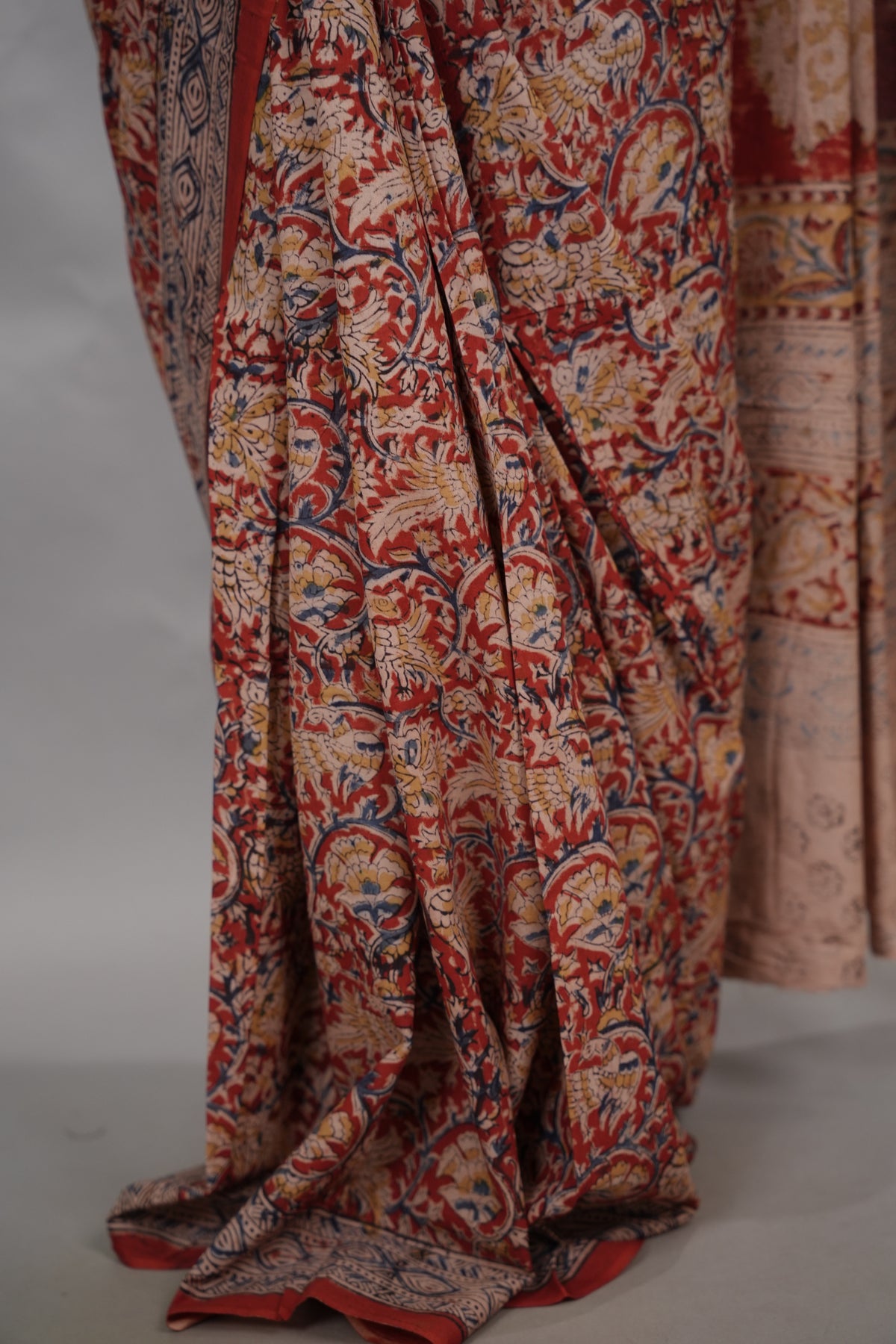 Red Hand Block Printed Kalamkari Cotton Saree | Looms & Tasselse