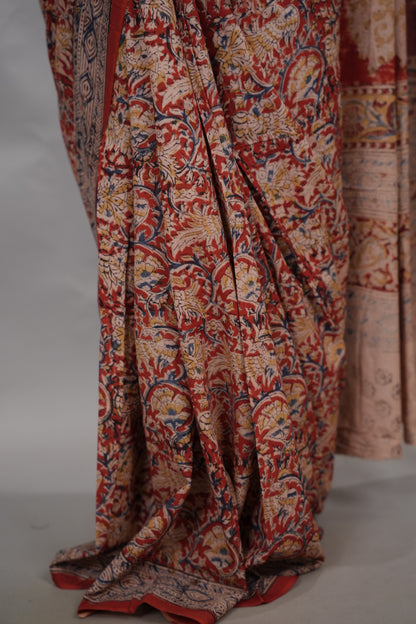 Red Hand Block Printed Kalamkari Cotton Saree | Looms & Tasselse