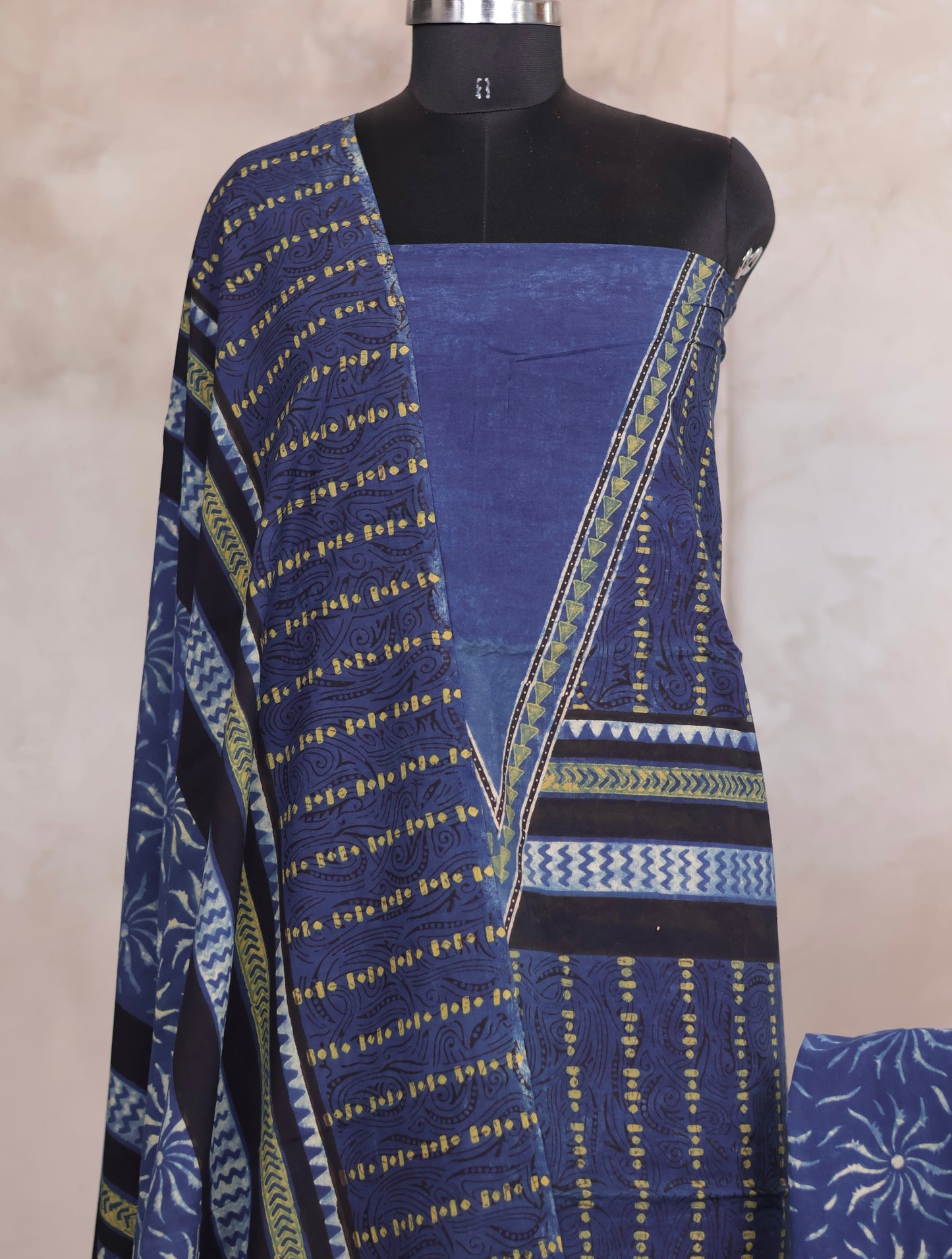 Blue Ajrakh Handblock Printed Pure Cotton 3 piece suit set | Looms & Tassels