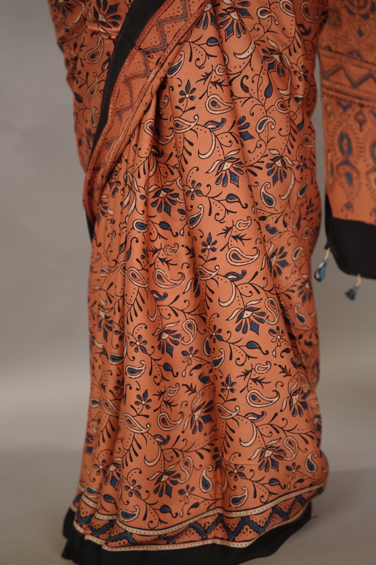 Peach Authentic Ajrakh Handblock Printed Modal Silk Saree | Looms & Tassels
