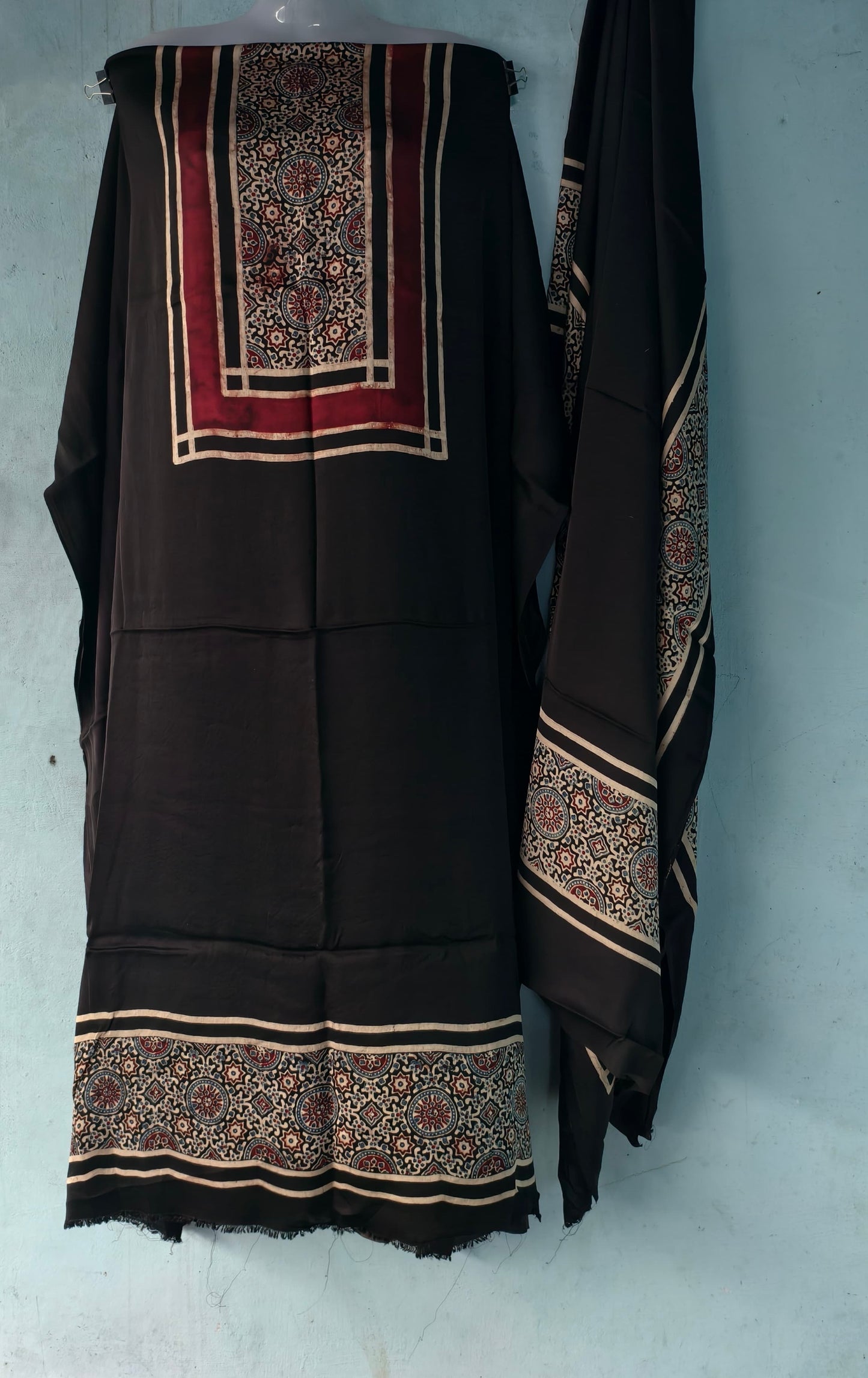 Black Plain Ajrakh Handblock Printed Modal Silk 2 Piece Suit Set