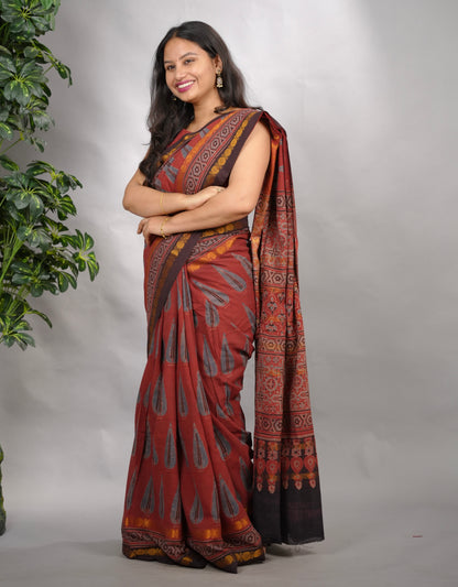 Maroon Ajrakh Hand Block Printed Sungudi Cotton Saree | Looms & Tassels