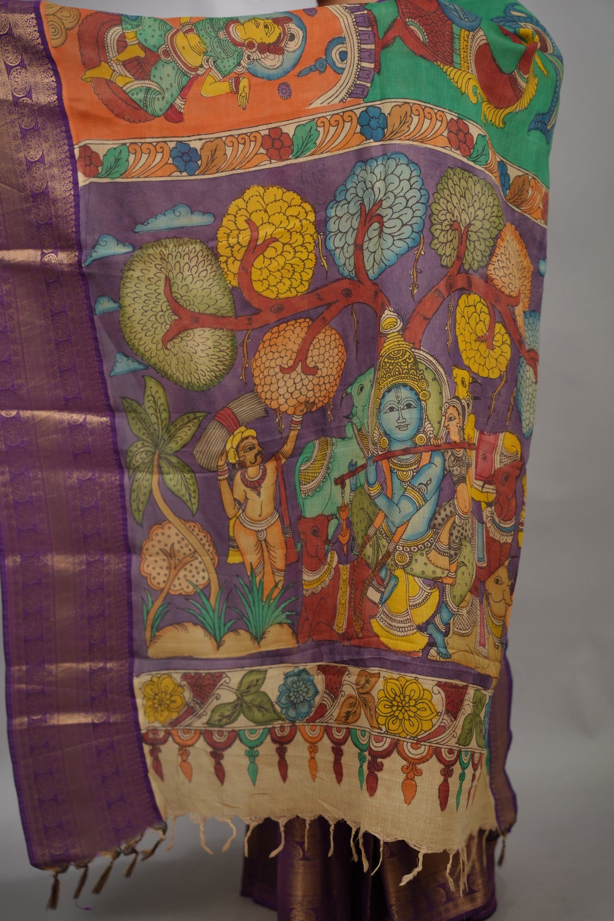 Green & Orange Hand Drawn Pen Kalamkari Bangalore Silk Kanchi Border Saree | Looms & Tassels