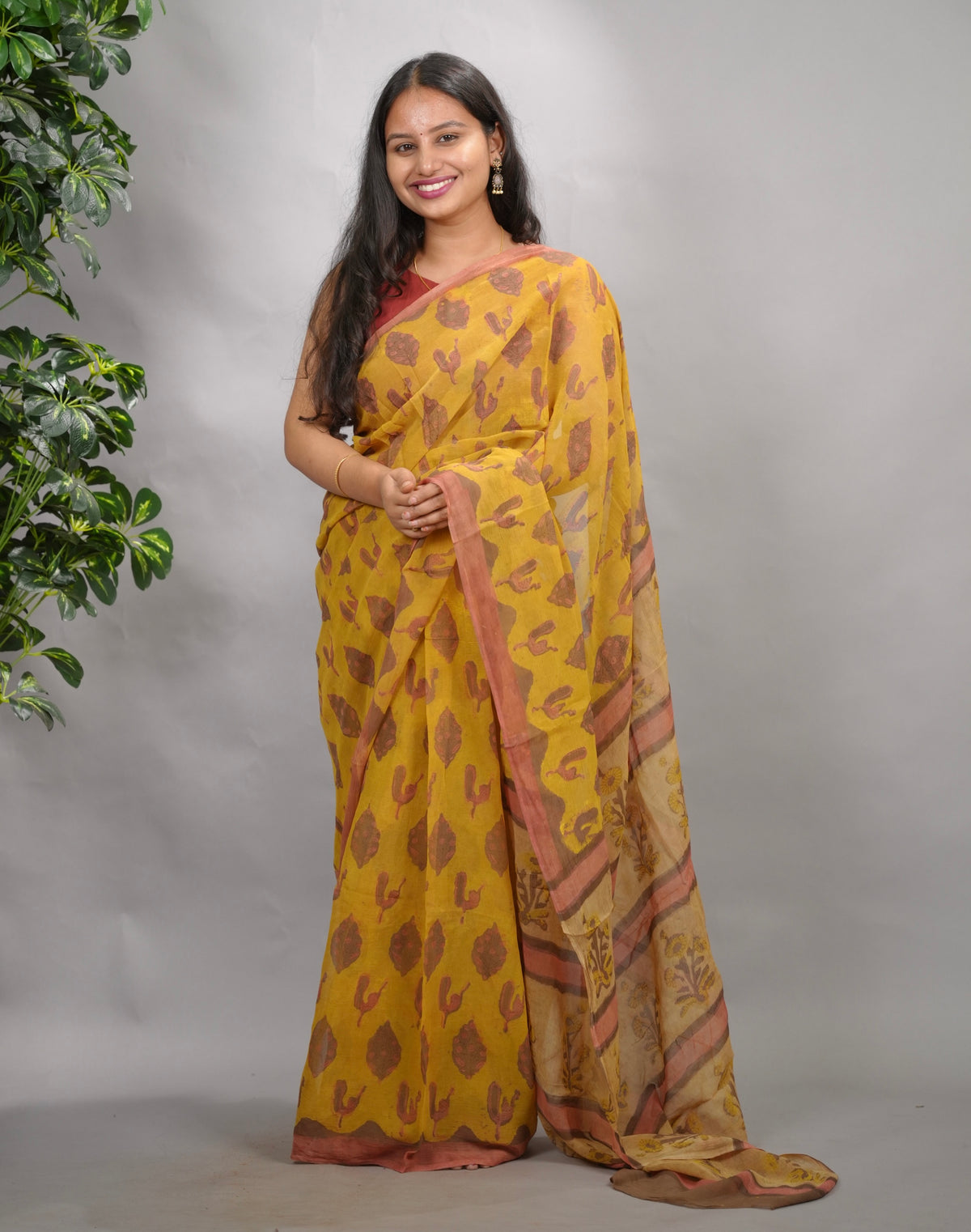 Mustard & Peach Chiffon Hand Block Printed Saree | Looms & Tassels