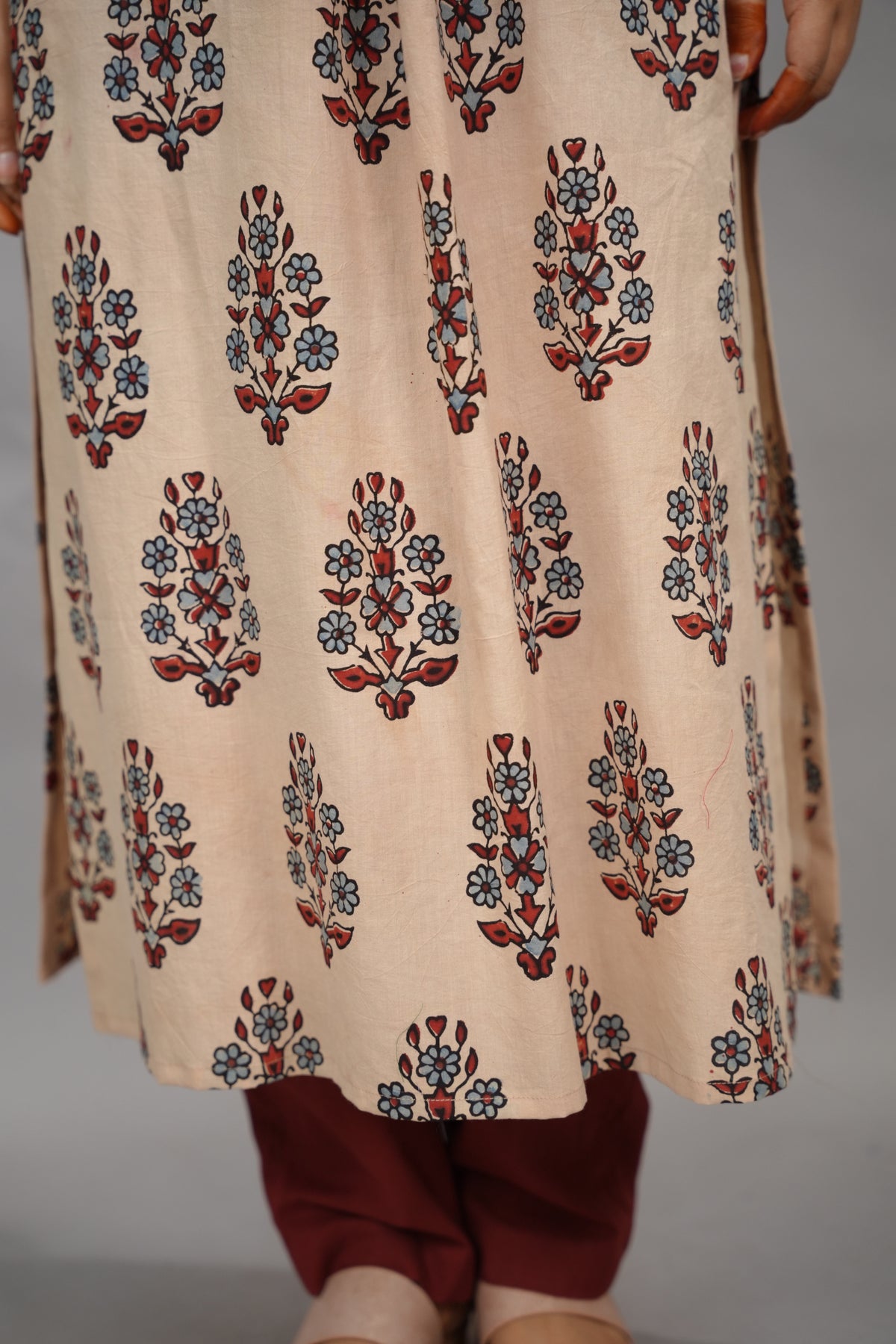 Cream Ajrakh Cotton Patchwork Aline Kurta | Looms & Tassels