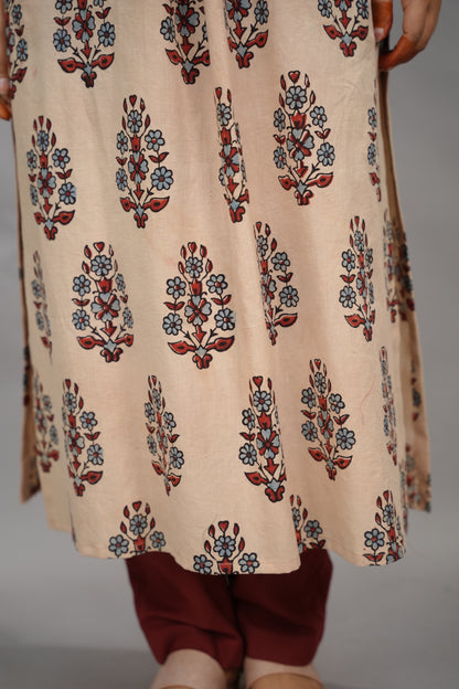 Cream Ajrakh Cotton Patchwork Aline Kurta | Looms & Tassels