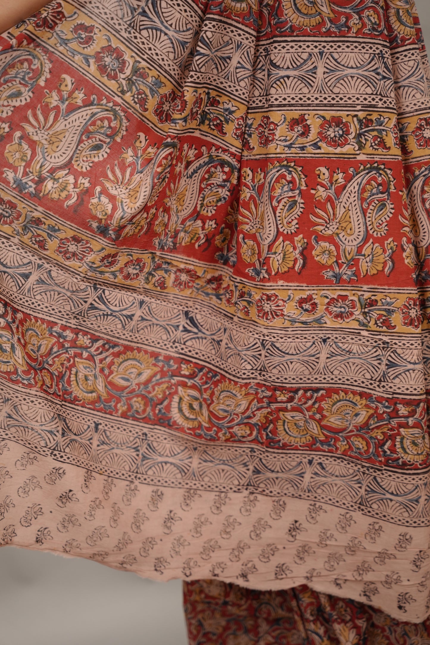 Red Hand Block Printed Kalamkari Cotton Saree | Looms & Tassels