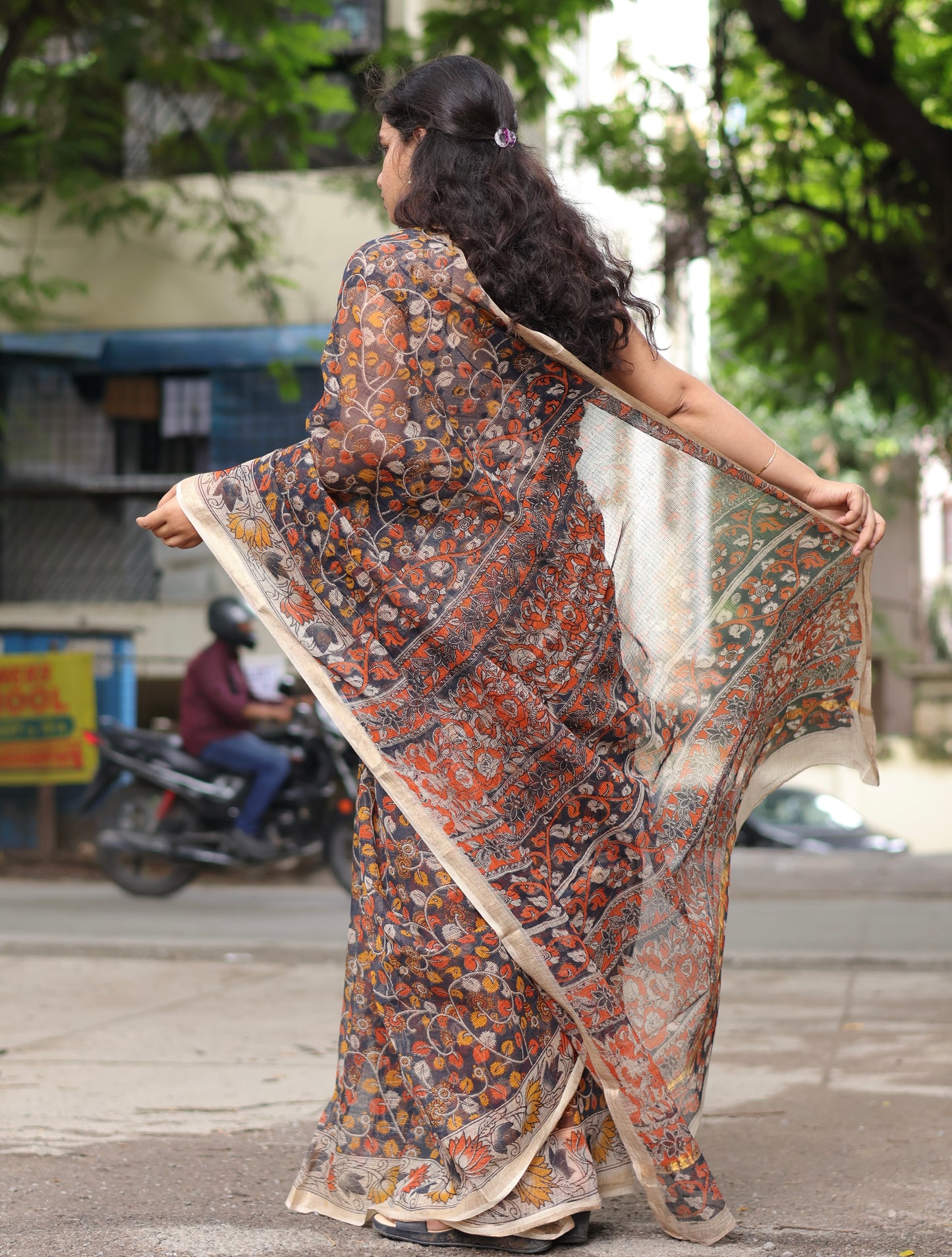 Blue Kalamkari printed Kota Doriya Saree