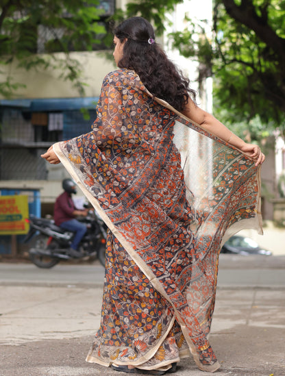 Blue Kalamkari printed Kota Doriya Saree