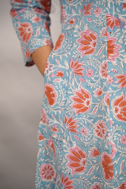 Ice Blue Pure Mul Cotton Kali Kurta  | Looms & Tassels