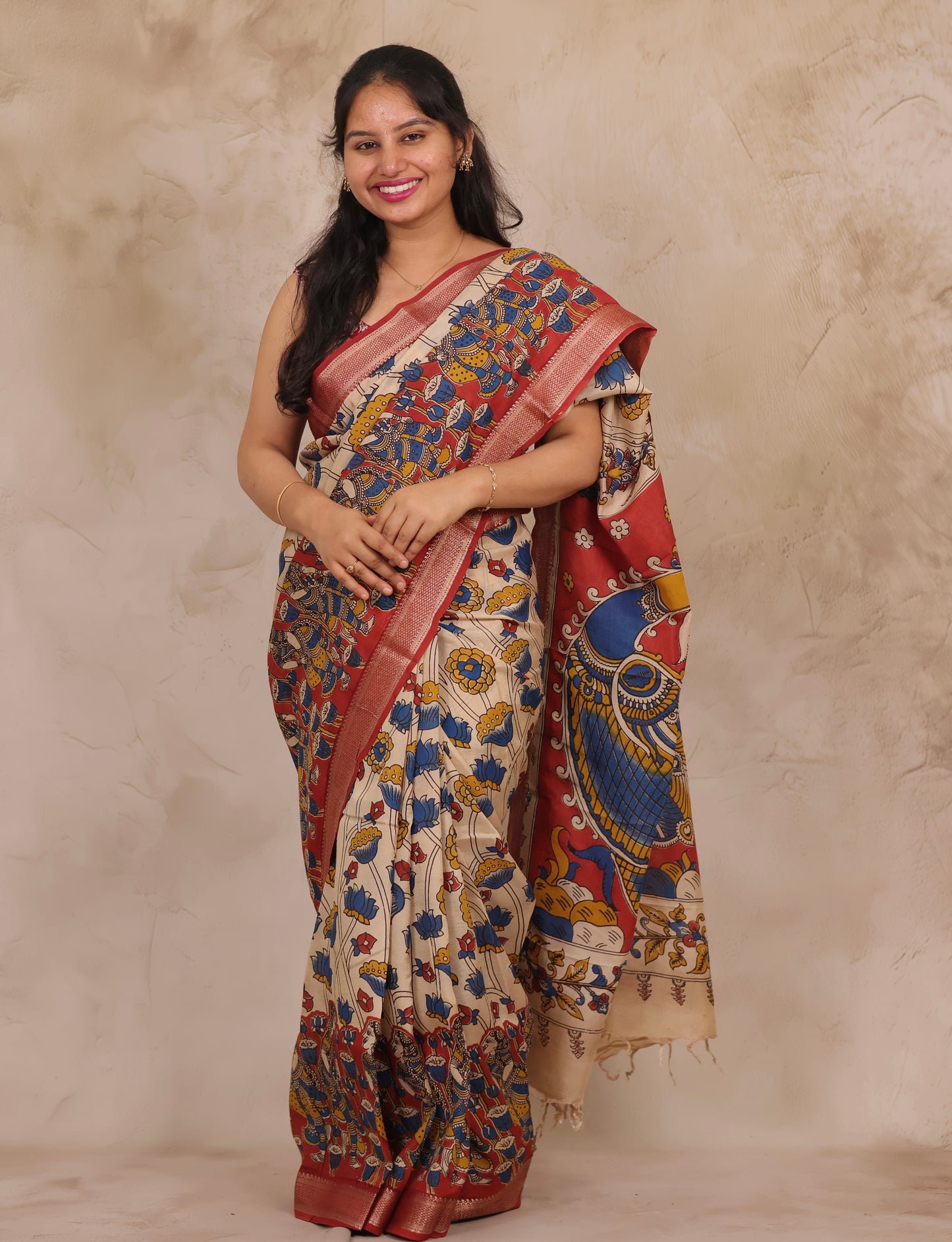 Cream Lotus Story Telling Kalamkari Nizam Border Chennur Silk Saree | Looms & Tassels
