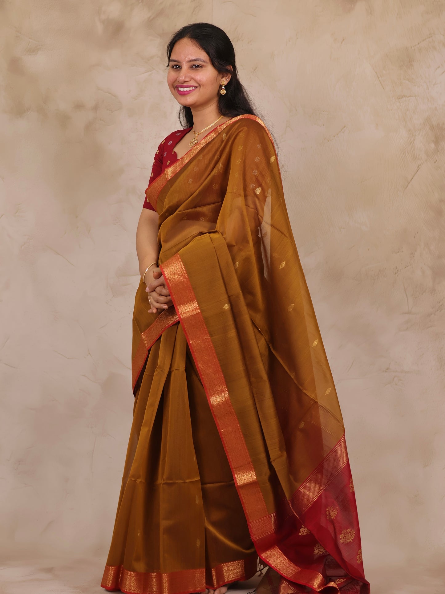 Mustard Handloom Maheswari Silk Cotton Sarees | Looms & Tassels