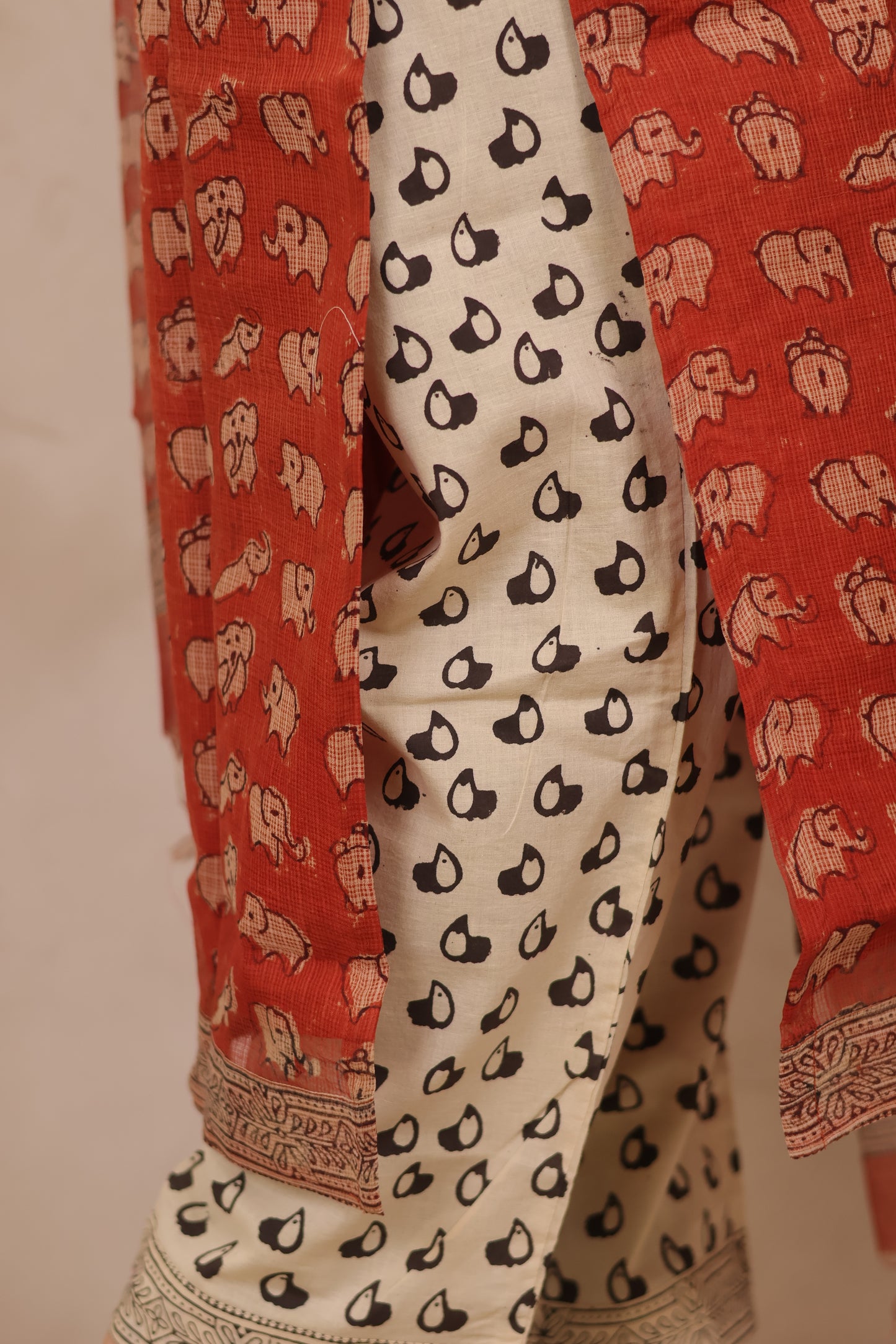 Red Elephant Handblock printed kota 3 piece suit (stitched)