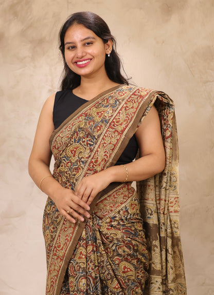 Mehndi Green Hand Block Printed Kalamkari Cotton Saree | Looms & Tassels