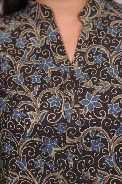 Grey Ajrakh Hand Block Printed Kurti | Looms & Tassels