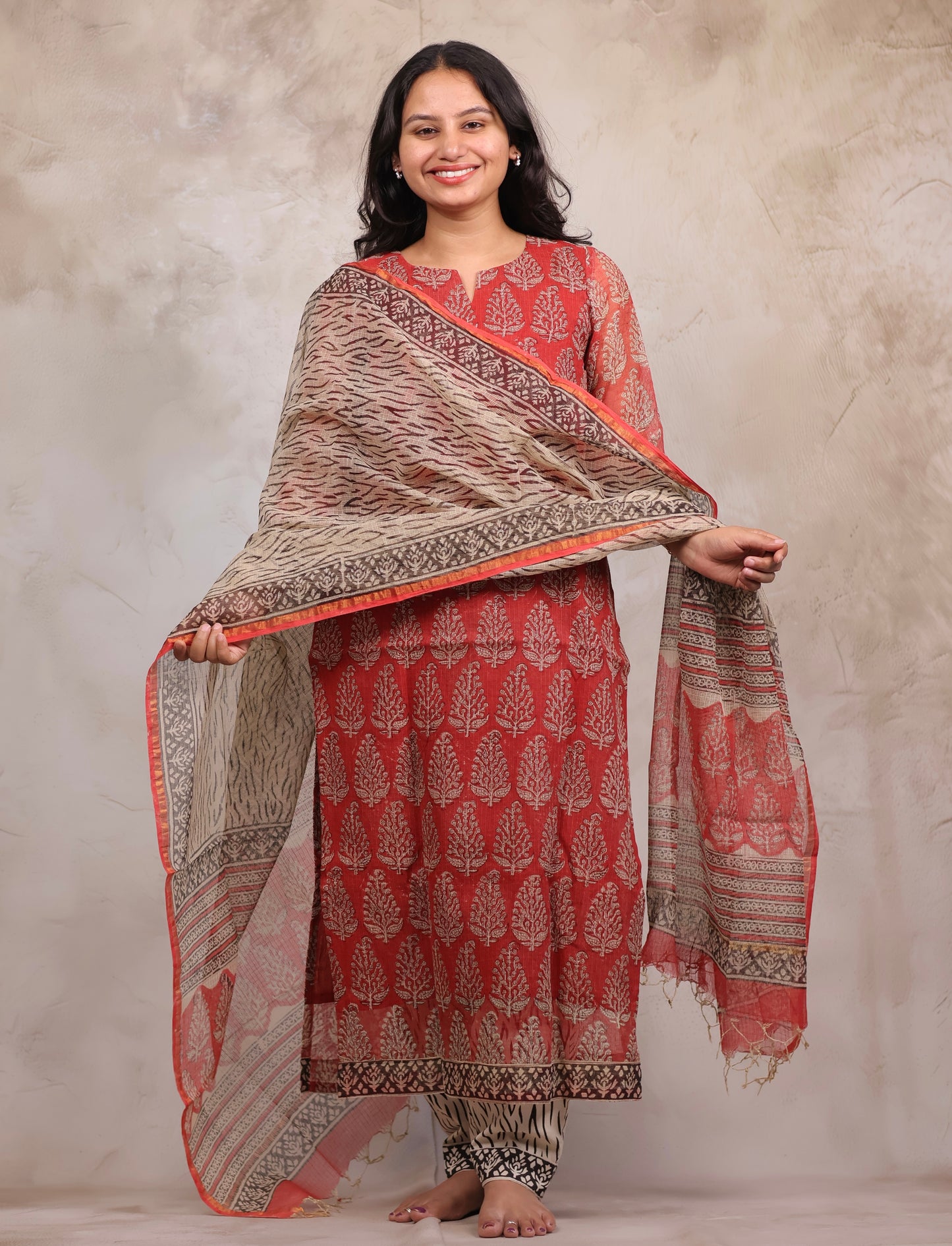 Red Handblock printed kota 3 piece suit (stitched)