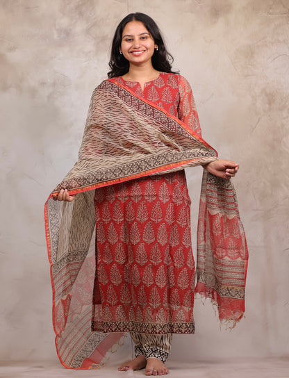 Red Handblock printed kota 3 piece suit (stitched)