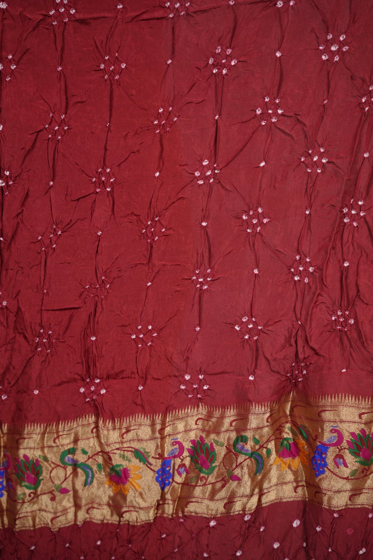 Maroon Handcrafted Bandhani Paithani Dola Silk Saree | Looms & Tassels