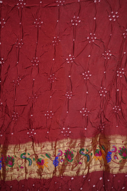 Maroon Handcrafted Bandhani Paithani Dola Silk Saree | Looms & Tassels